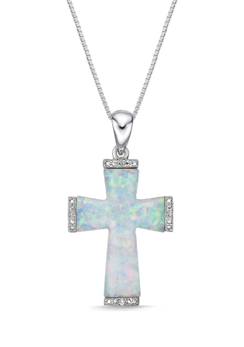 Lab Created 1 ct. t.w. Created Opal and Diamond Accent Cross Pendant in Sterling Silver