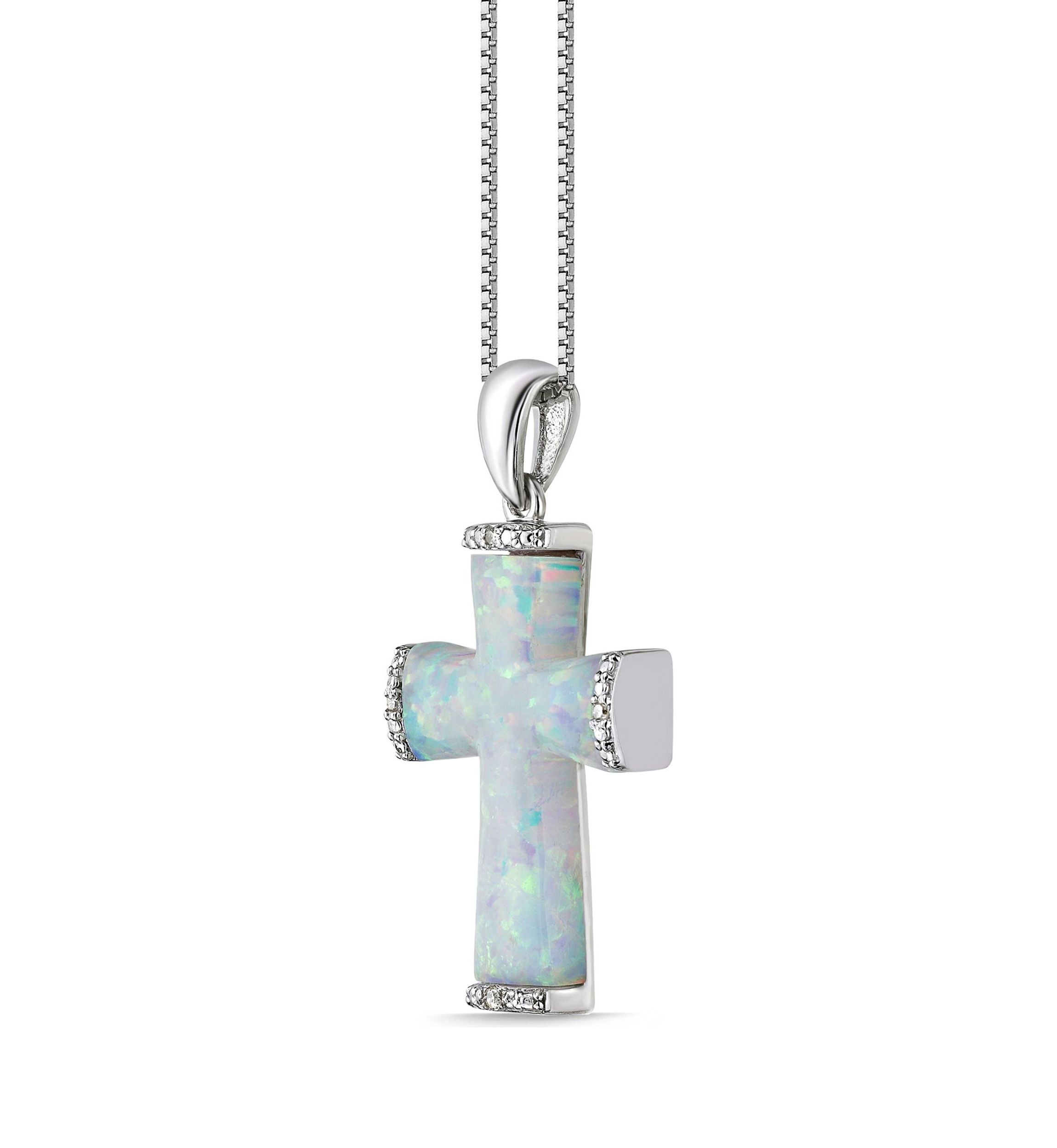 Lab Created 1 ct. t.w. Created Opal and Diamond Accent Cross Pendant in Sterling Silver