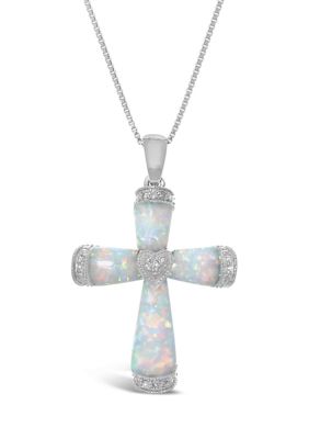 Belk & Co Lab Created 1.0 ct. t.w. Created Opal and Diamond Accent Cross Pendant in Sterling Silver -  5400119BI1573P1COPSIL