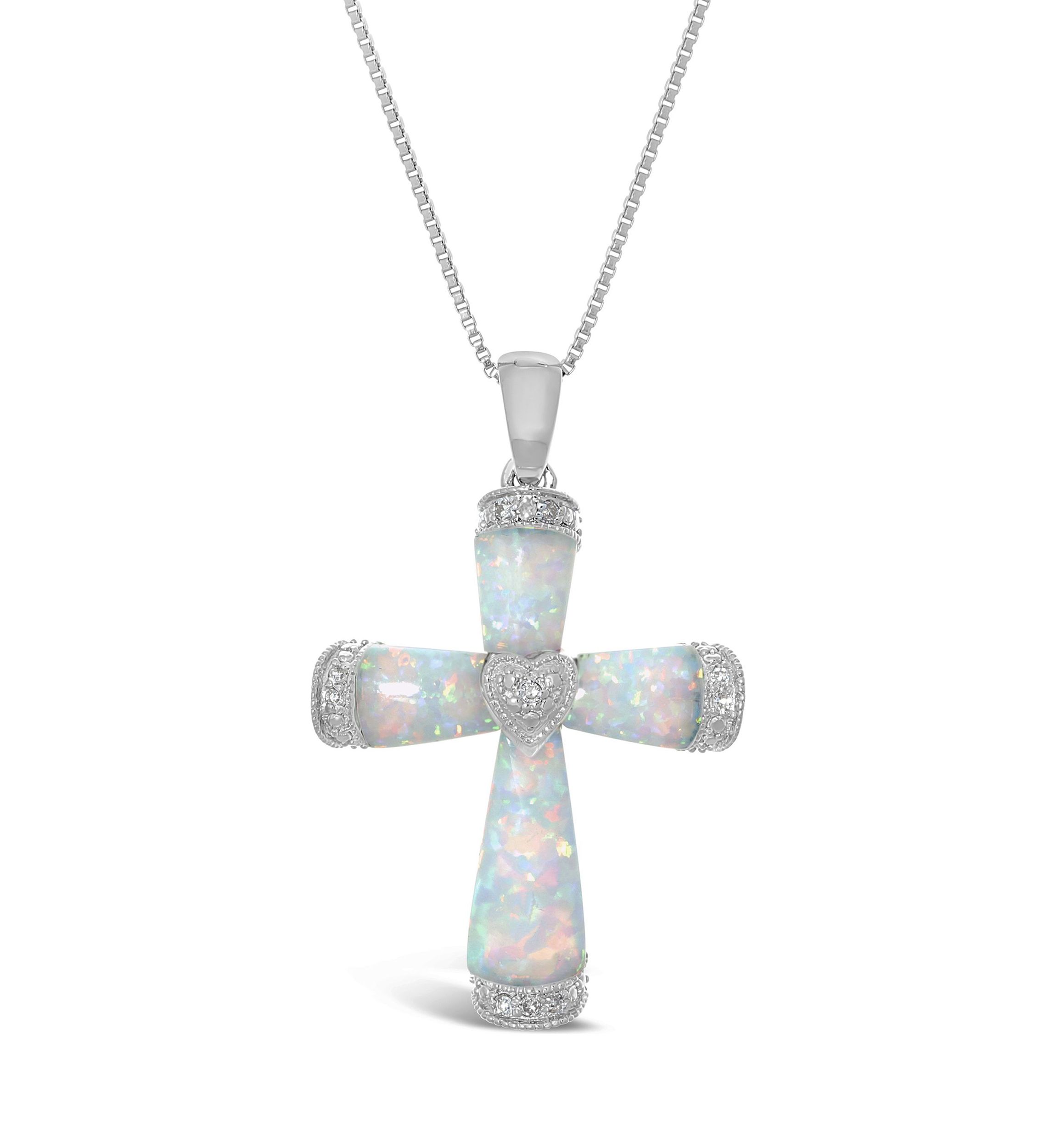 Lab Created 1.0 ct. t.w. Created Opal and Diamond Accent Cross Pendant in Sterling Silver