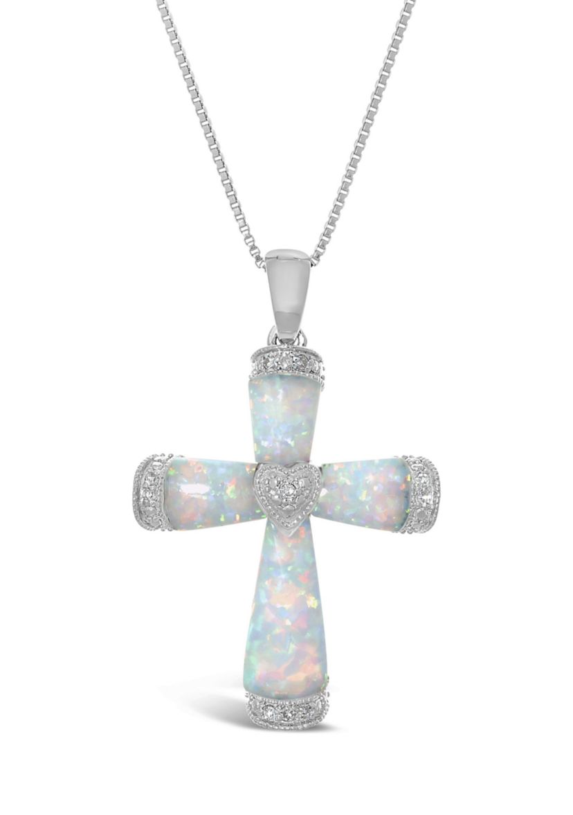 Lab Created 1.0 ct. t.w. Created Opal and Diamond Accent Cross Pendant in Sterling Silver