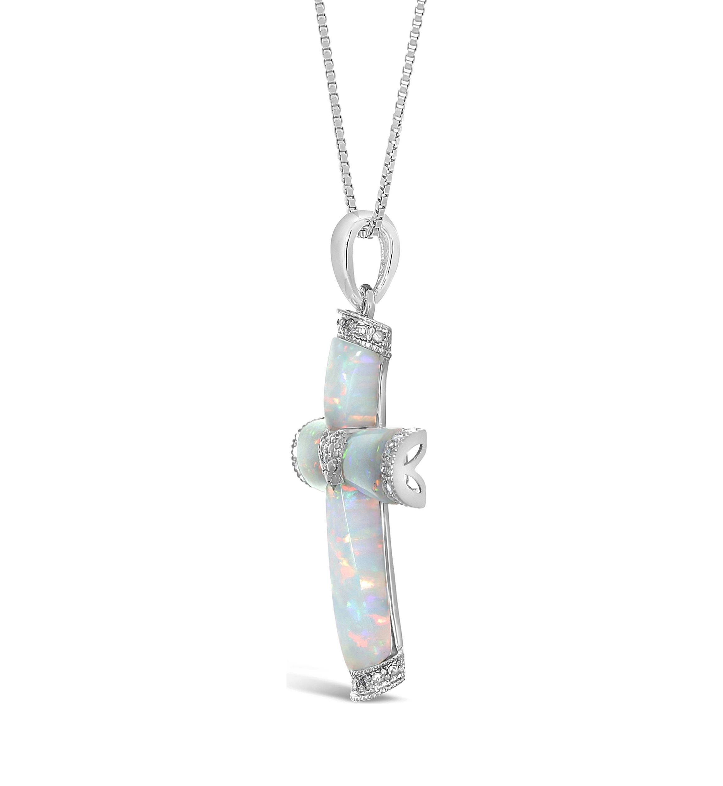 Lab Created 1.0 ct. t.w. Created Opal and Diamond Accent Cross Pendant in Sterling Silver