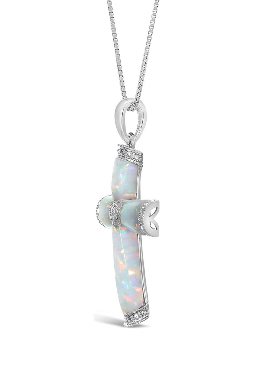 Lab Created 1.0 ct. t.w. Created Opal and Diamond Accent Cross Pendant in Sterling Silver