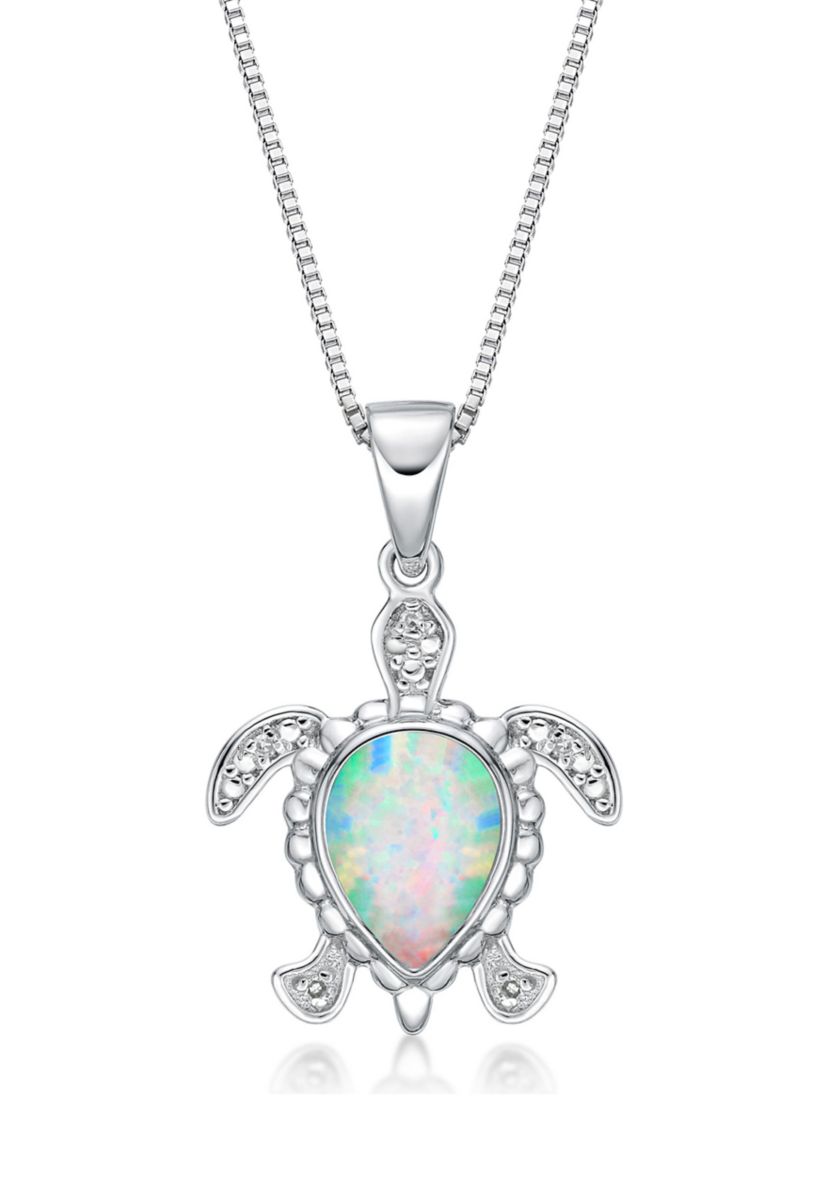 Lab Created 0.8 ct. t.w. Created Opal and Diamond Accent Sea Turle Pendant in Sterling Silver