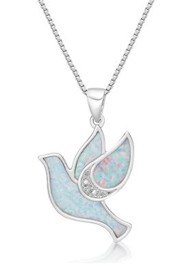 Gemminded Lab Created 0.8 ct. t.w. Created Opal and Diamond Accent Dove Pendant in Sterling Silver, White, 18 in