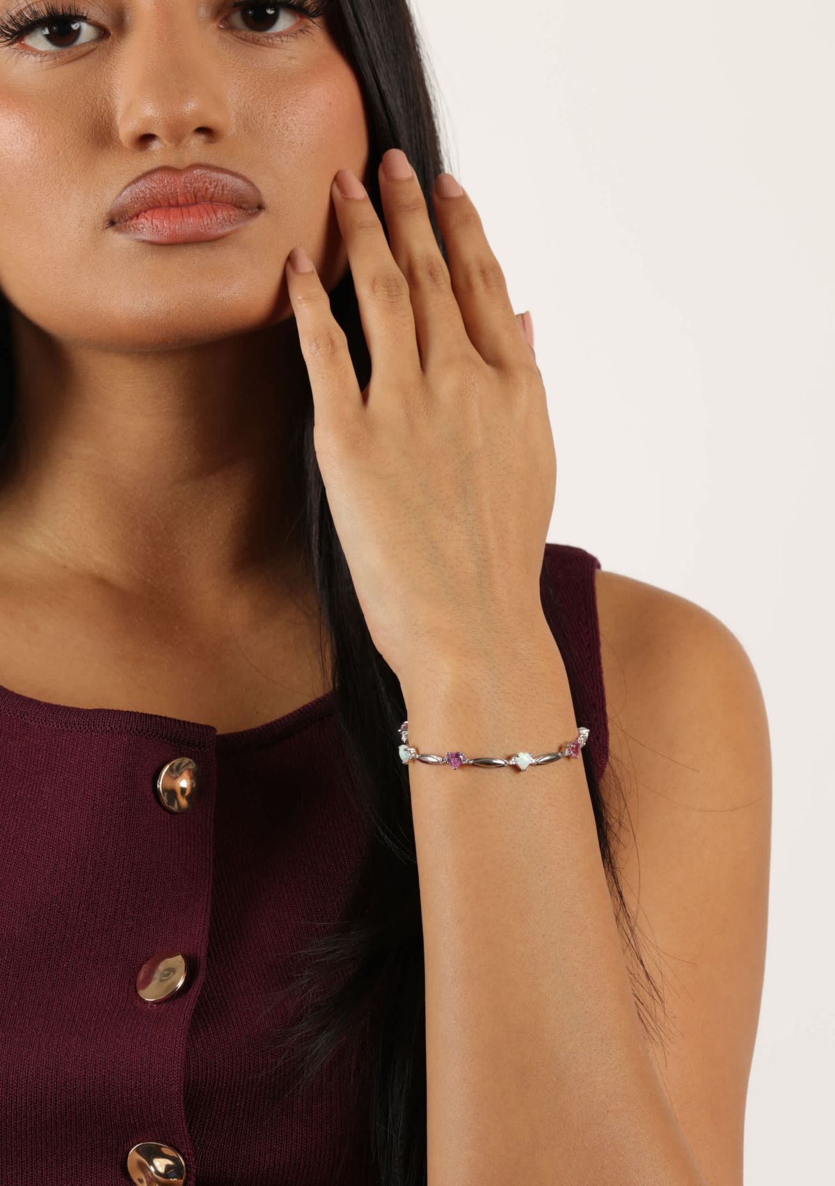 5 ct. t.w.Created Pink Sapphire, Created Opal and Diamond Accent Bracelet in Sterling Silver