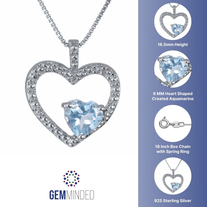Lab Created Sterling Silver Created Aquamarine and Diamond Accent Heart Pendant