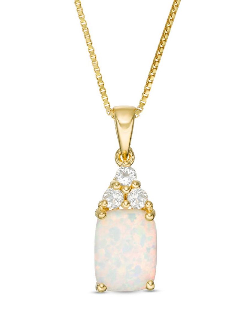 Lab Created 1.2 ct. t.w. Lab-created Opal and 1/8 ct. t.w. White Topaz Pendant Necklace in Gold Plated Sterling Silver