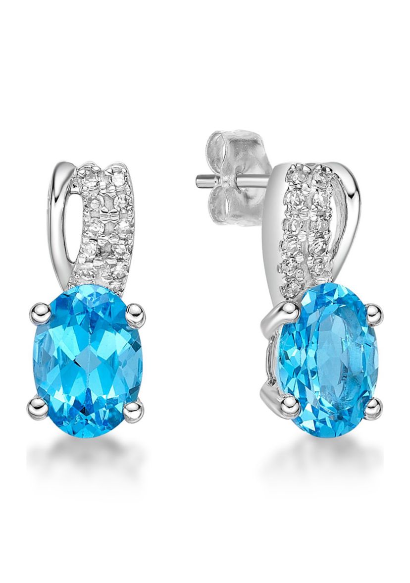 1.0 ct. t.w. Blue Topaz and  0.08 ct. t. w.Diamond Earrings in 10K White Gold