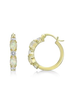 Gemminded Lab Created 1.2 ct. t.w. Lab-created Opal and 5/8 ct. t.w. White Topaz Hoop Earrings in Gold Plated Sterling Silver