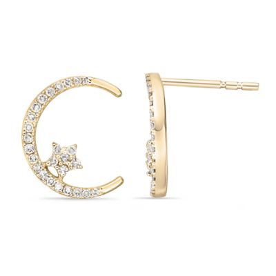Brilliant Grown Round Diamond 10K Yellow Gold Moon and Star Fashion Earrings for Women