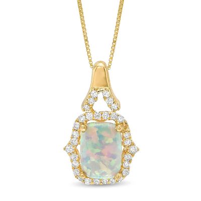 Gemminded Lab Created Women's 10K Yellow Gold Cushion Cut Opal & Diamond Accent Pendant Necklace, 18 in