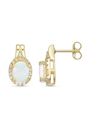 Gemminded Lab Created 1.14 ct. t.w. Lab-created Opal and 1.3 ct. t.w. Lab-Created White Sapphire Earrings in Gold Plated Sterling Silver