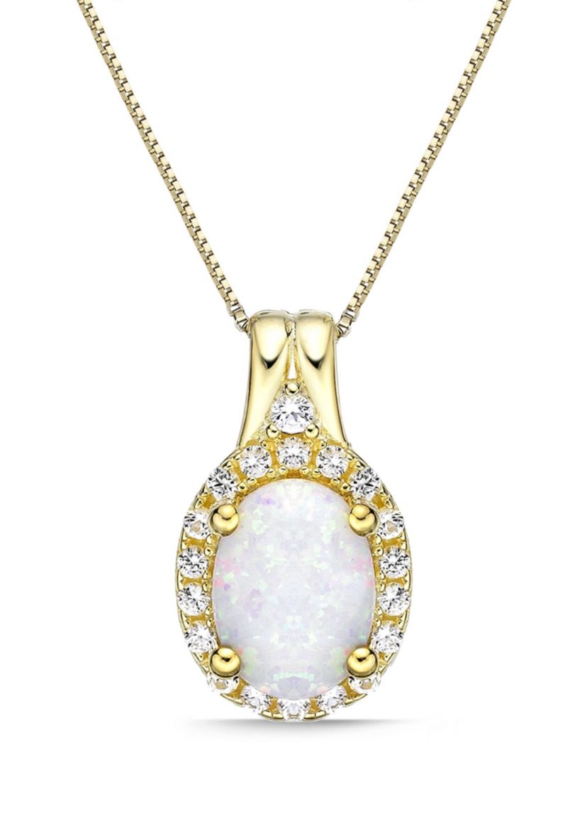 Lab Created 0.85 ct. t.w. Lab-created Opal and 1/5 ct. t.w. Lab-Created White Sapphire Pendant Necklace in Gold Plated Sterling Silver