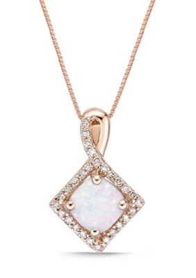 Belk & Co Lab Created 1/2 Ct. T.w. Created Opal And 1/6 Ct. T.w. Diamond Pendant Necklace In 10K Rose Gold