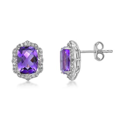 Gemminded Lab Created Women's Cushion-Cut Amethyst Stud Earrings with Created White Sapphire Accents in Sterling Silver