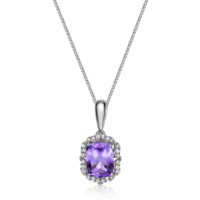 Gemminded Lab Created Women's Cushion-Cut Amethyst Halo Pendant Necklace in Sterling Silver, 18 in