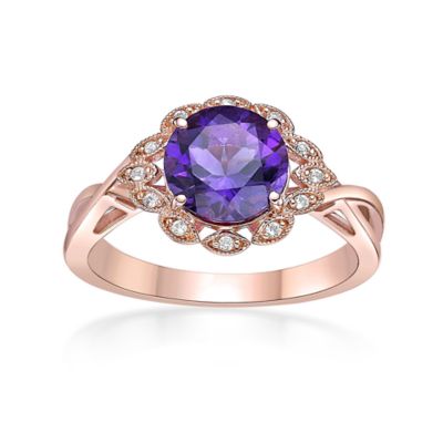 Gemminded Women's Rose Gold Plated Sterling Silver Round Amethyst Floral Halo Ring
