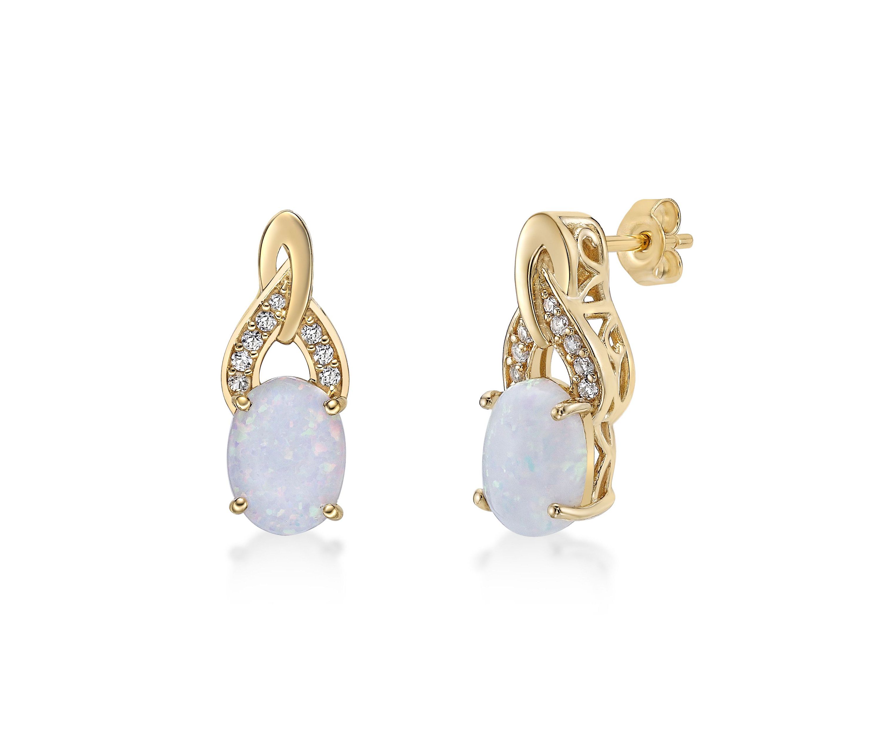 Lab Created 1.3 ct. t.w. Lab-created Opal and 1/6 ct. t.w. Lab-Created White Sapphire Earrings in Gold Plated Sterling Silver