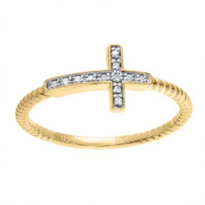 Brilliant Grown Women's Yellow Gold Plated Sterling Silver Diamond Sideways Cross Ring, 9