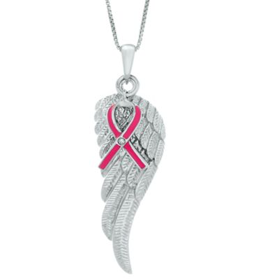 Brilliant Grown Women's Sterling Silver Pink Enamel Diamond Accent Angel Wing Pendant Necklace