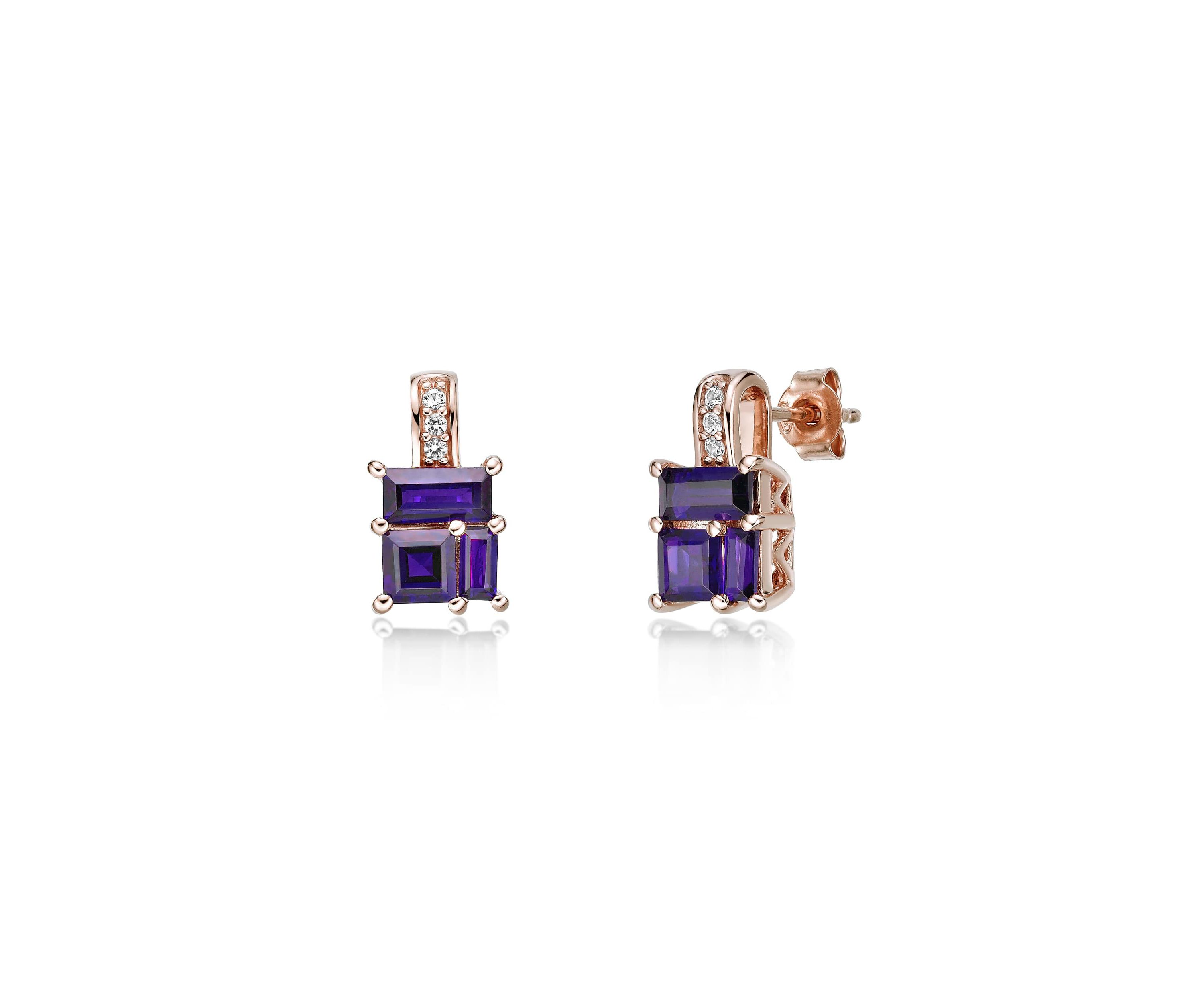 Amethyst and Created White Sapphire Earrings in 2 Micron Rose Gold Plated Sterling Silver