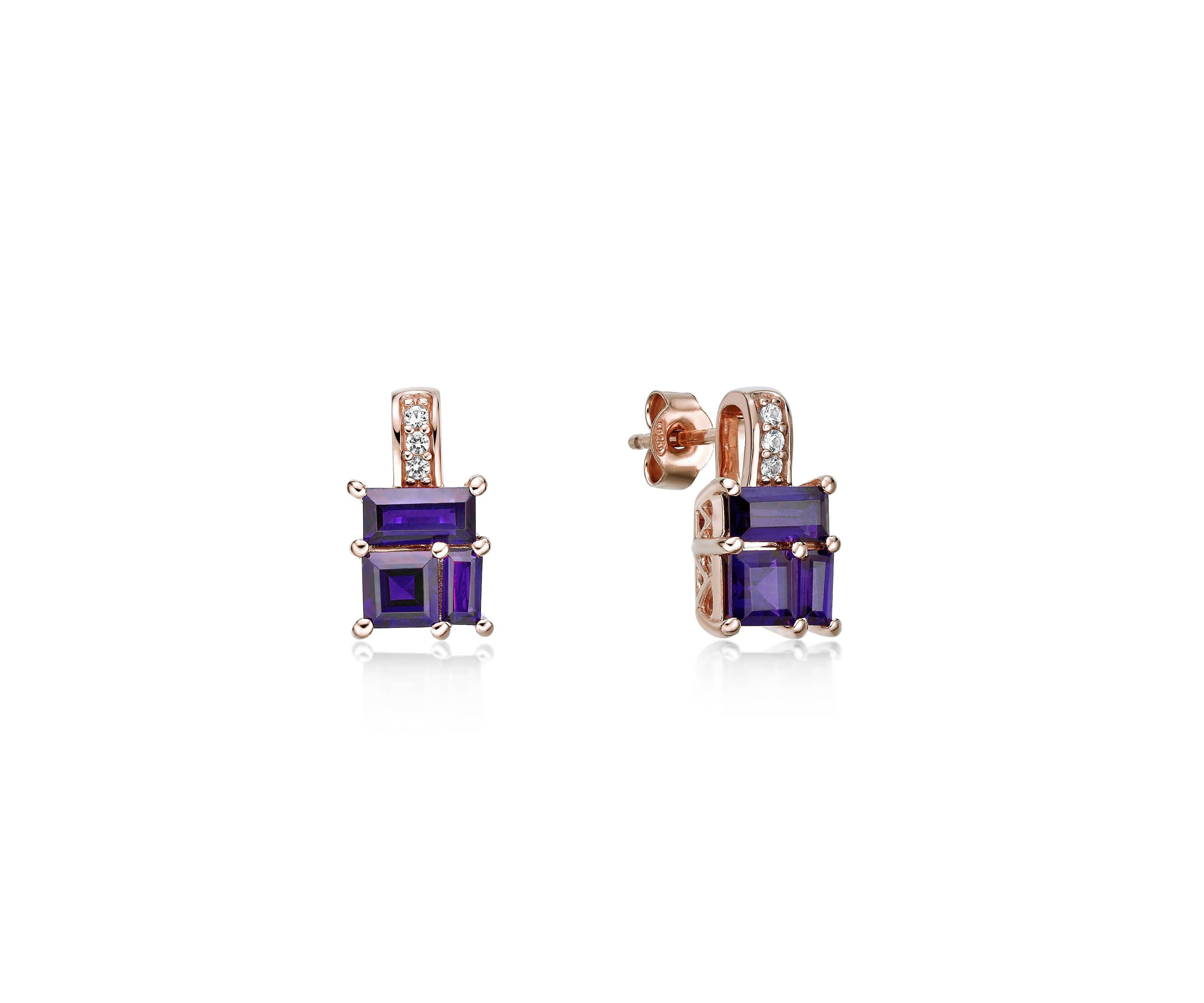 Amethyst and Created White Sapphire Earrings in 2 Micron Rose Gold Plated Sterling Silver