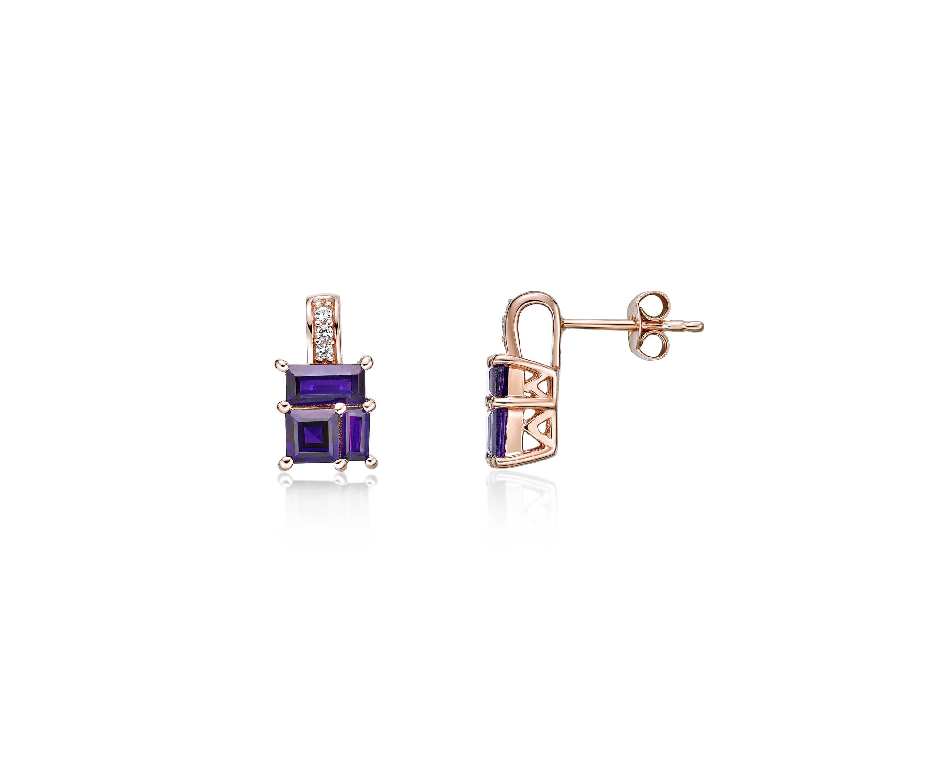Amethyst and Created White Sapphire Earrings in 2 Micron Rose Gold Plated Sterling Silver