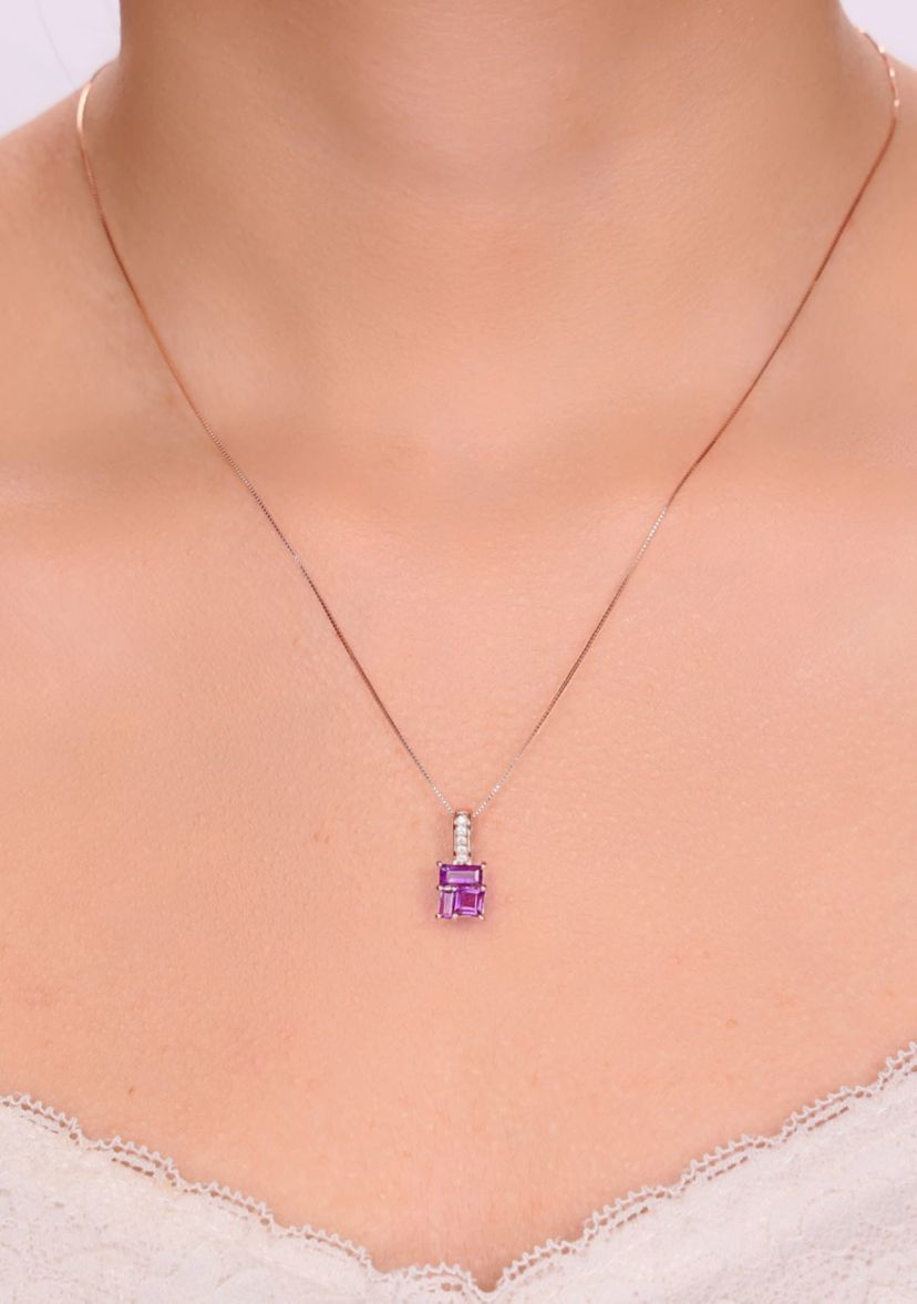 Amethyst and Created White Sapphire Pendant in 2 Micron Rose Gold Plated Sterling Silver