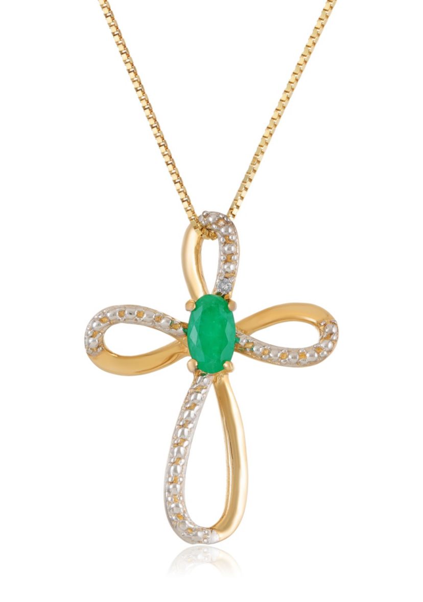 1/3 ct. t.w. Emerald and Diamond Accent Cross Pendant in 10K Gold