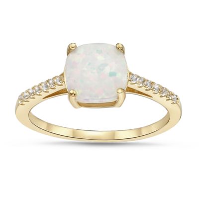 Gemminded Lab Created Opal Cushion Ring with White Sapphire Accents in Gold Plated Sterling Silver, 6.5
