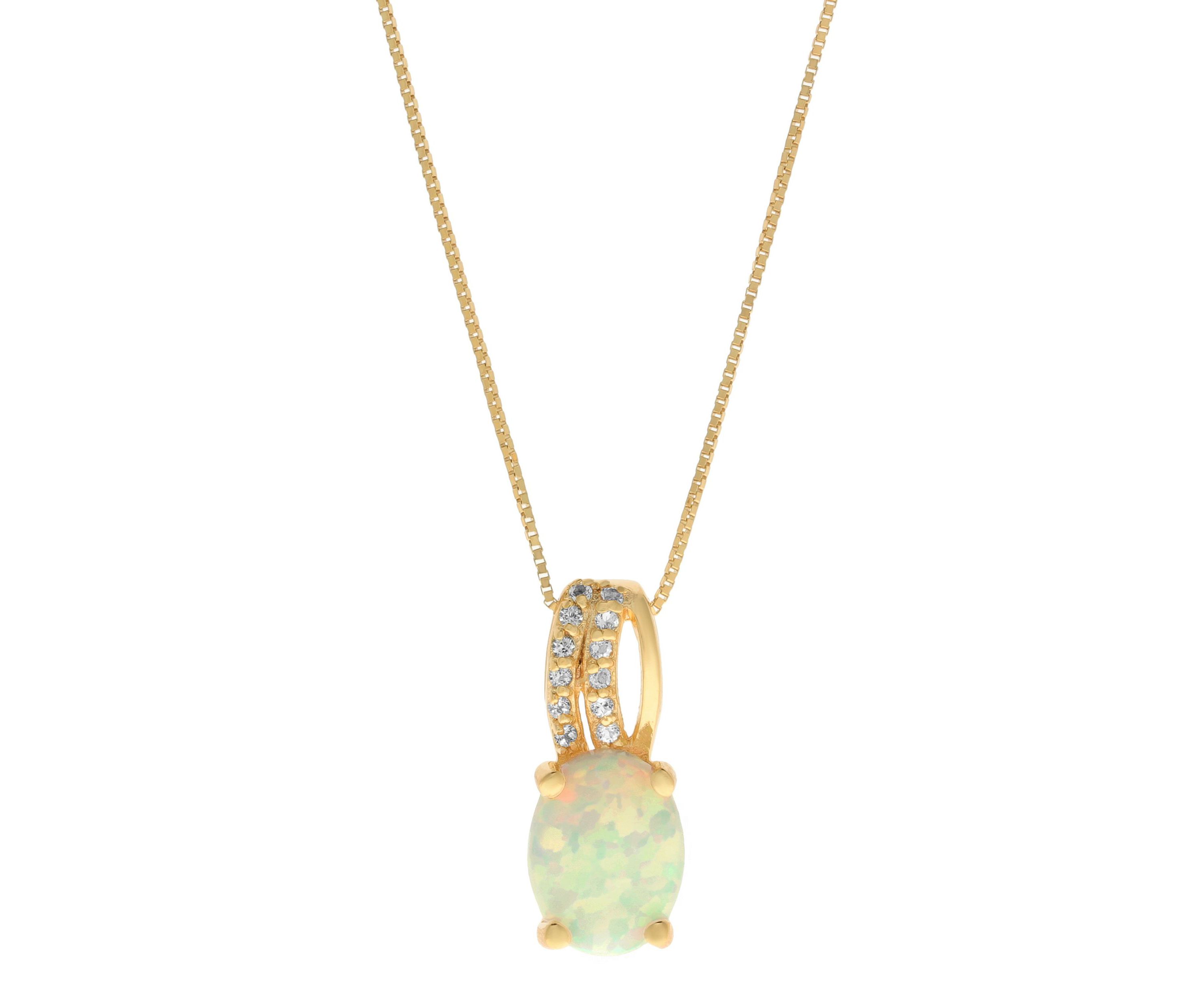 Lab Created 1 ct. t.w. Lab-created Opal and 1/8 ct. t.w. White Topaz Pendant Necklace in Gold Plated Sterling Silver