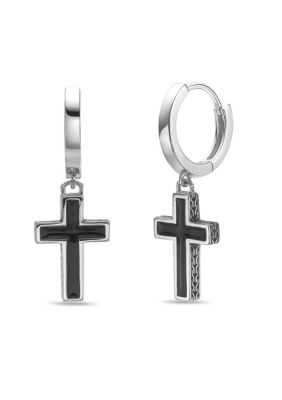 LYNX Black Enamel Cross Earrings in Sterling Silver, White