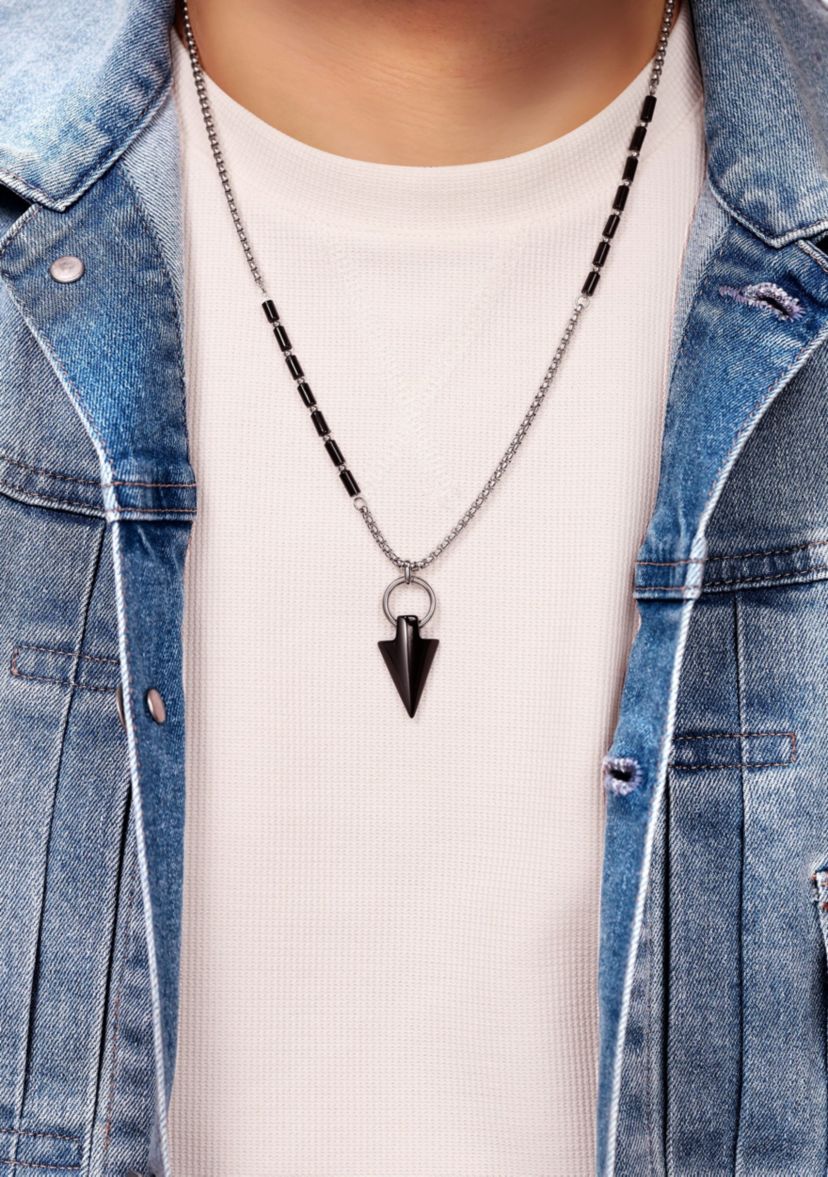 Stainless Steel and Black Agate Necklace in 24"