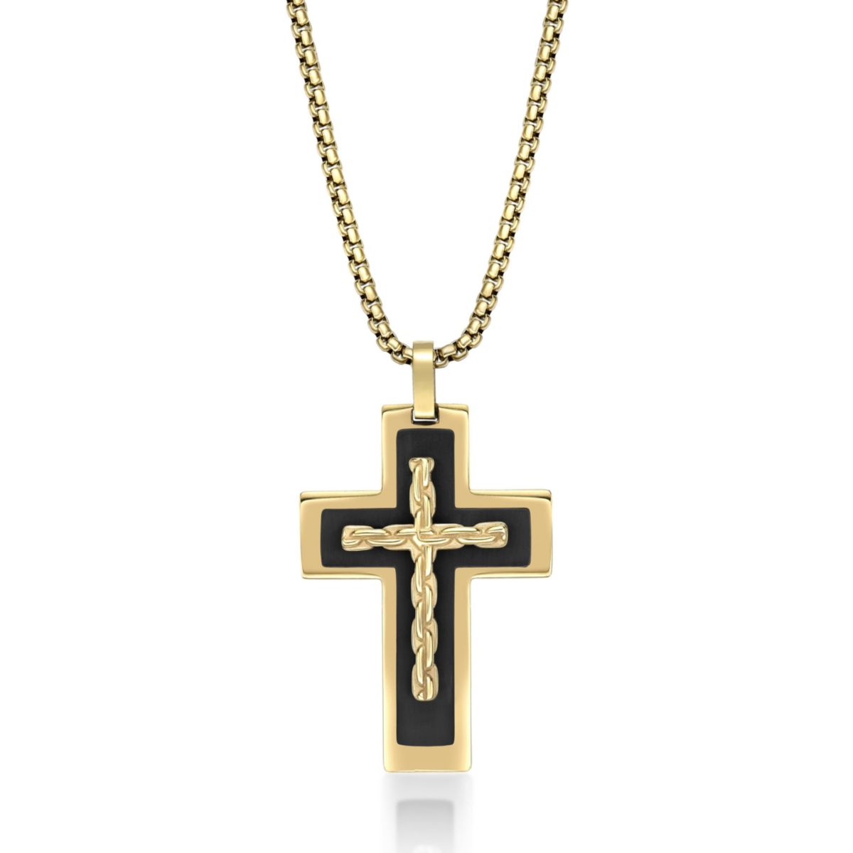 Black and Gold Tone Ion Plated Stainless Steel Cross Pendant Necklace