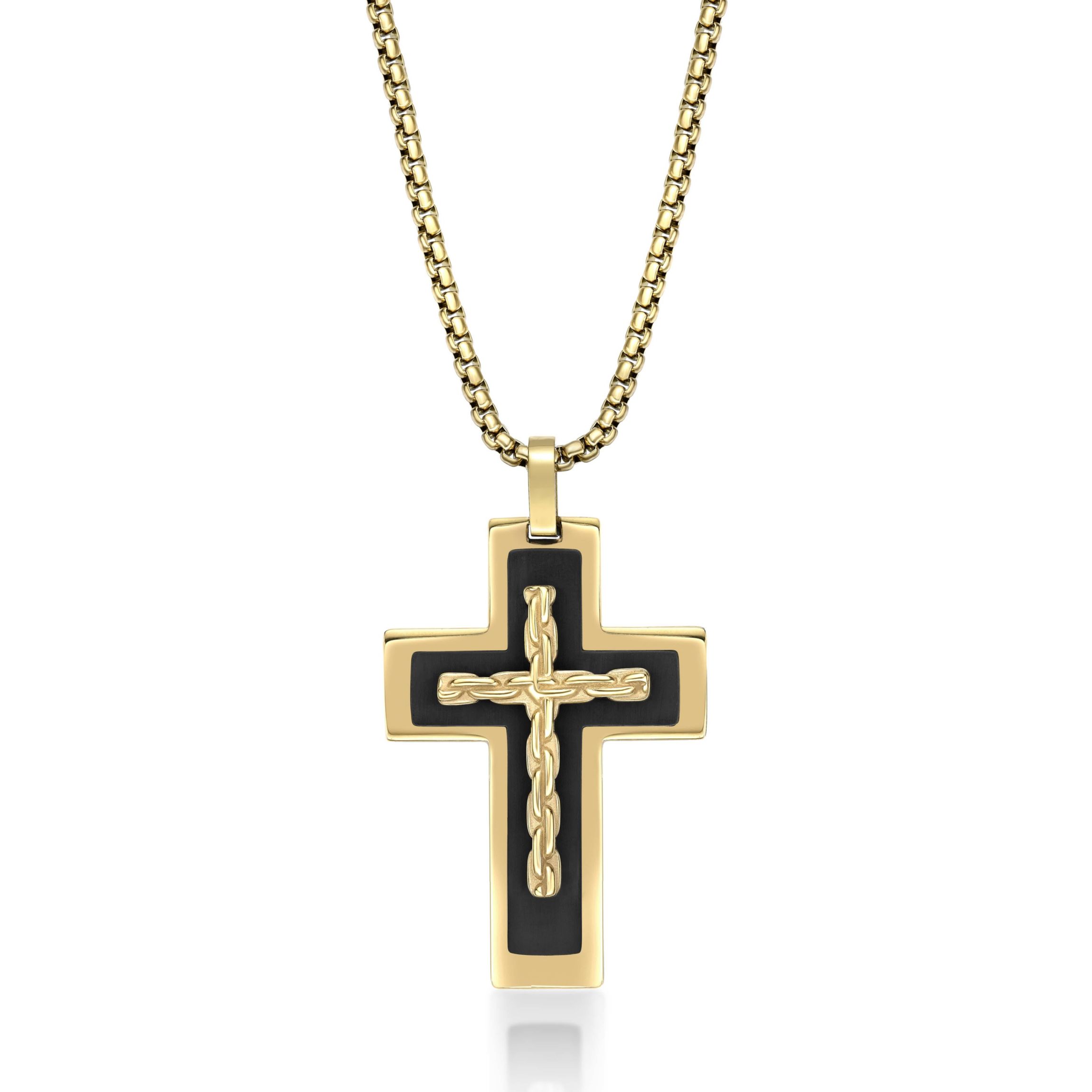 Black and Gold Tone Ion Plated Stainless Steel Cross Pendant Necklace