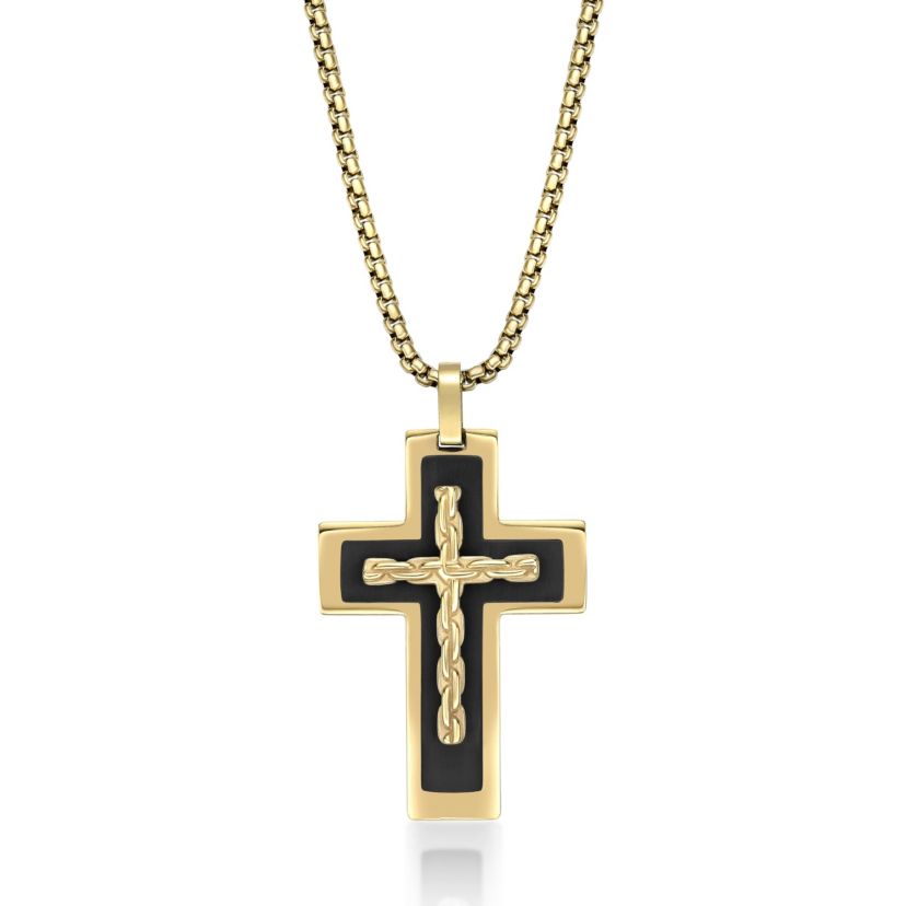 Black and Gold Tone Ion Plated Stainless Steel Cross Pendant Necklace