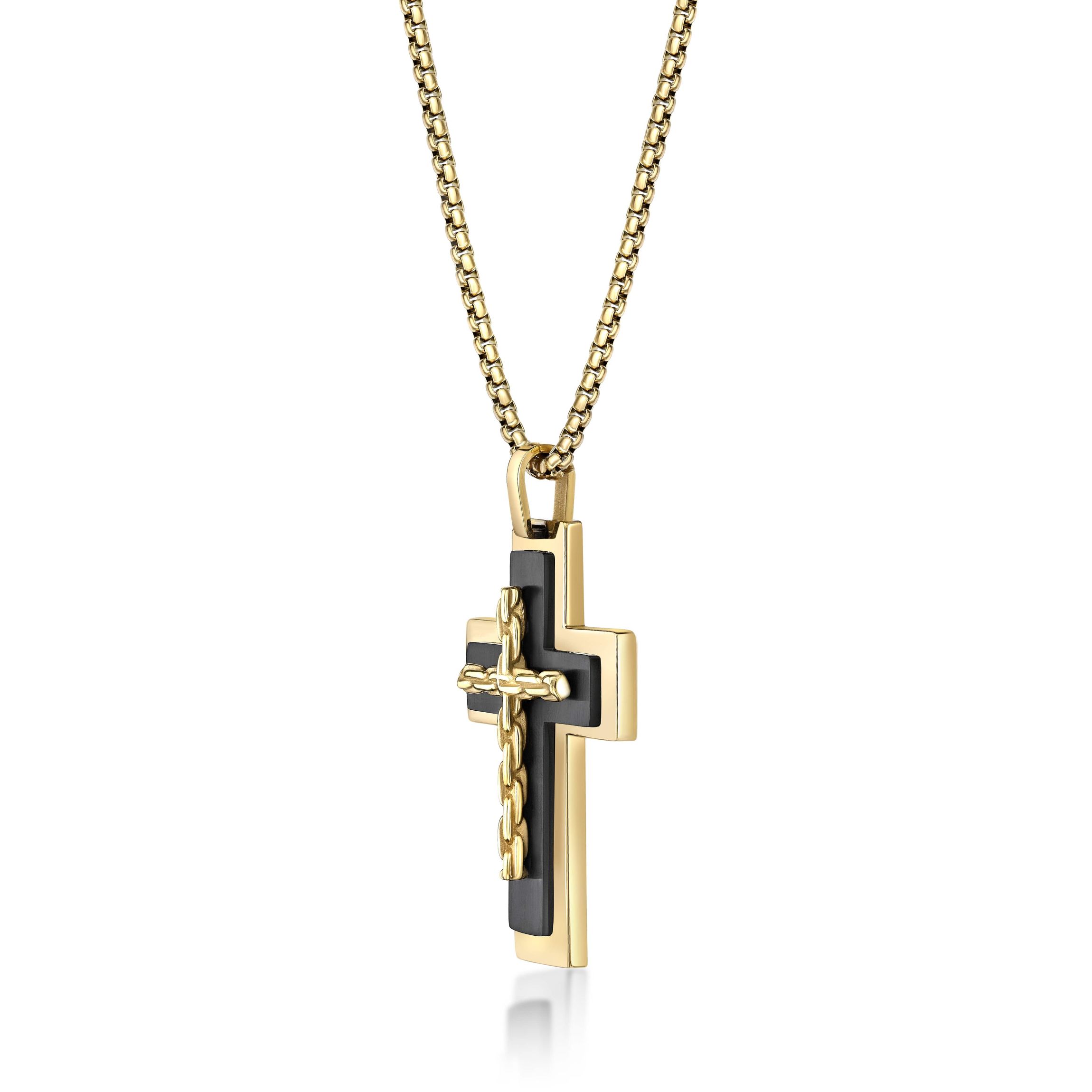 Black and Gold Tone Ion Plated Stainless Steel Cross Pendant Necklace