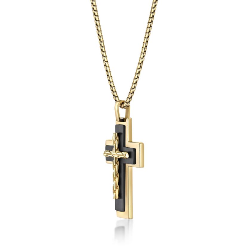 Black and Gold Tone Ion Plated Stainless Steel Cross Pendant Necklace