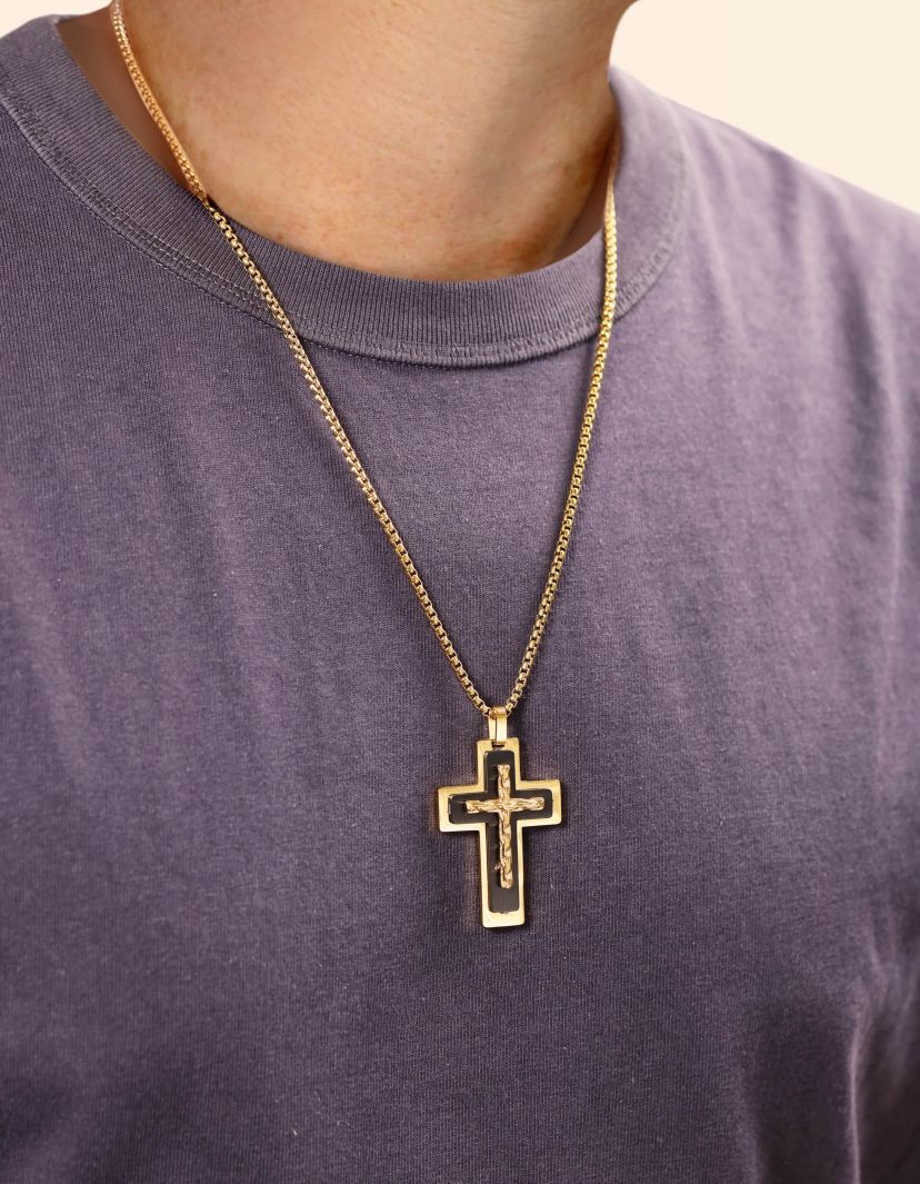Black and Gold Tone Ion Plated Stainless Steel Cross Pendant Necklace
