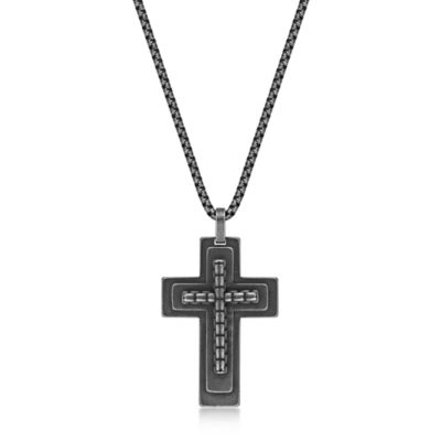 LYNX Men's Stainless Steel & Ebony Wood Inlay Beveled Cross Pendant Necklace, Black, 24 in