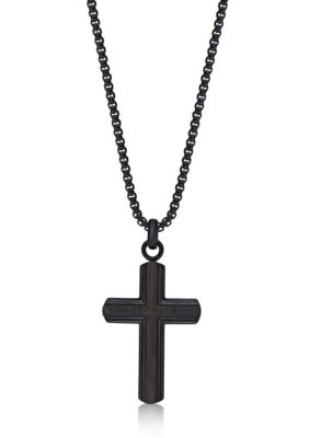 LYNX Men's Black Ip Plated Stainless Steel Cross Pendant with Ebony Wood Inlay and 24" Round Box Chain, 24 in