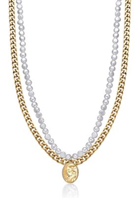 LYNX Gold Tone Ip Plated Stainless Steel Necklace with Fresh Water Pearls, 24"