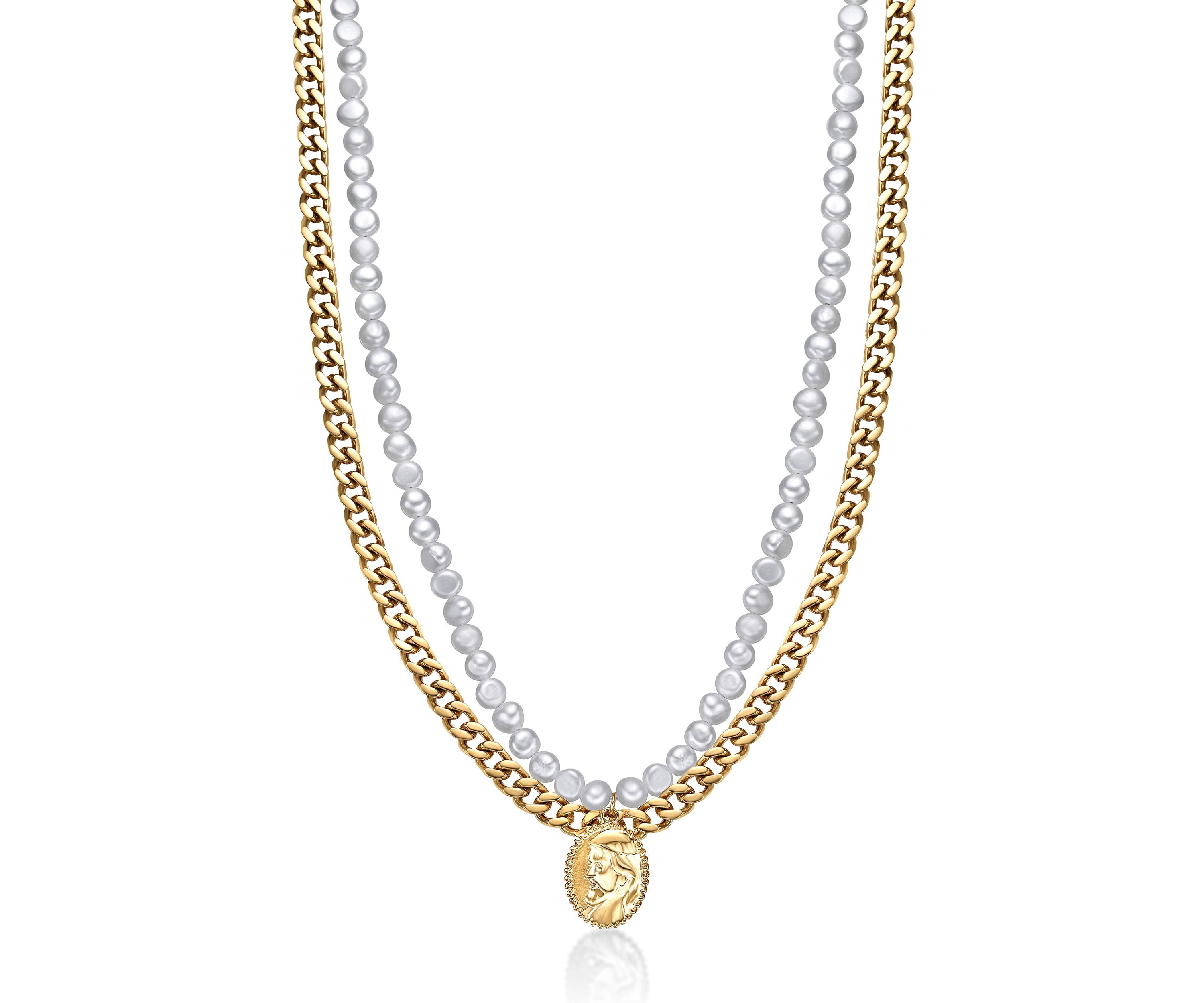 Gold Tone Ip Plated Stainless Steel Necklace with Fresh Water Pearls, 24"