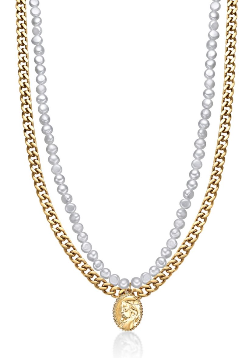 Gold Tone Ip Plated Stainless Steel Necklace with Fresh Water Pearls, 24"