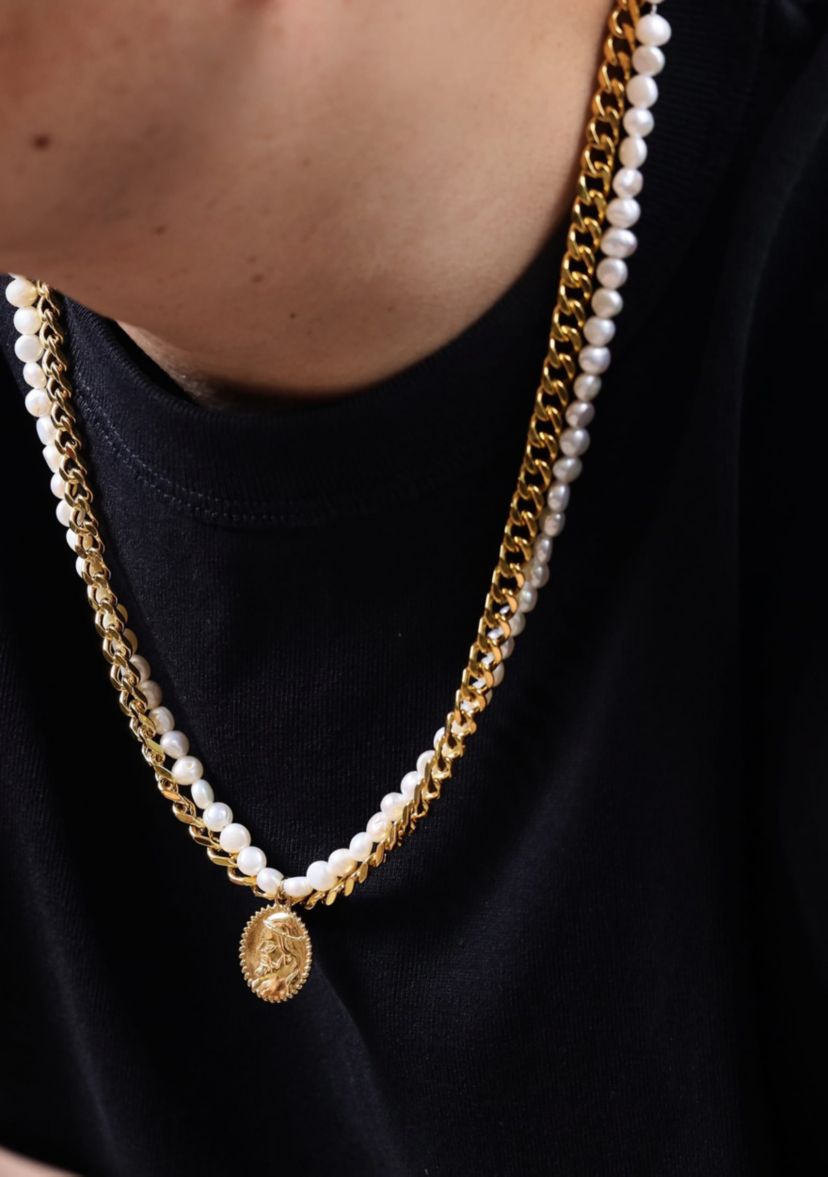 Gold Tone Ip Plated Stainless Steel Necklace with Fresh Water Pearls, 24"