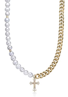LYNX Gold Tone Ip Plated Stainless Steel Necklace with Fresh Water Pearls, 24"