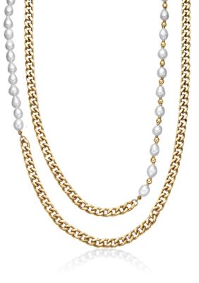 LYNX Gold Tone Ip Plated Stainless Steel Necklace with Fresh Water Pearls, 24"