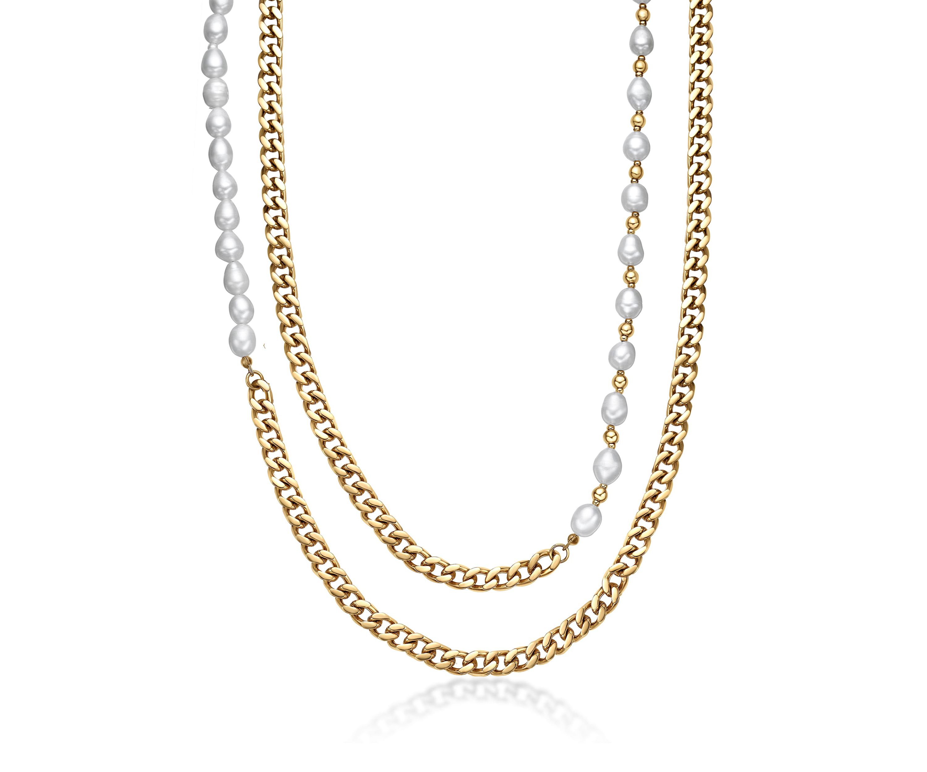 Gold Tone Ip Plated Stainless Steel Necklace with Fresh Water Pearls, 24"