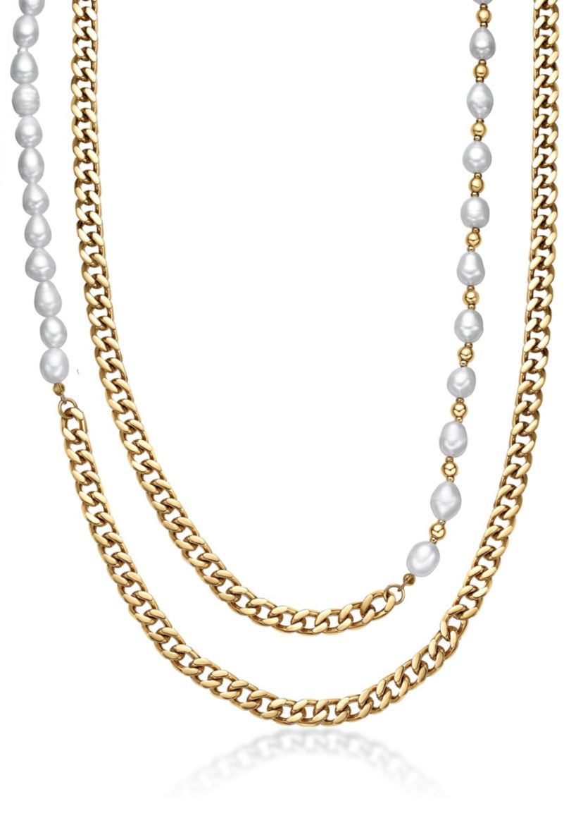 Gold Tone Ip Plated Stainless Steel Necklace with Fresh Water Pearls, 24"